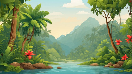 Wall Mural - vector illustration of tropical forest scenery