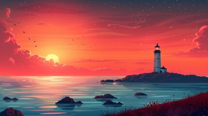 Wall Mural - A seashore and lighthouse scenery banner in premium modern format