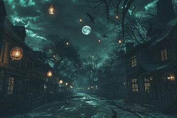 Canvas Print - 3D Illustration of a Spine-chilling Halloween Background Featuring a Creepy House and Street Illuminated by Moonlight