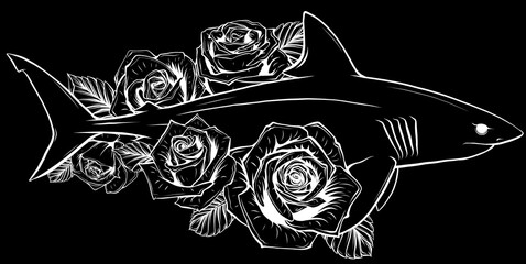 Poster - white silhouette of shark with rose flower on black background