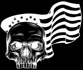 Wall Mural - white silhouette of American flag with skull on black background vector illustration design