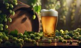 Fototapeta  - Cold fresh glass of beer with lots of hops around