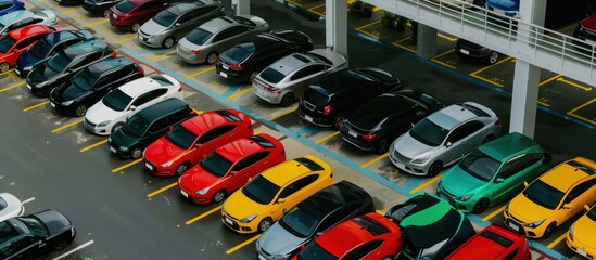 Wall Mural - Portrait of cars of various colors parked in the parking lot.