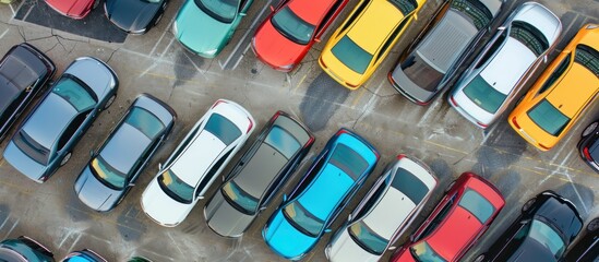 Portrait of cars of various colors parked in the parking lot.