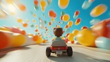 Fototapeta Kwiaty - Osoba jadąca zabawkowym samochodem ulicą w dzień dzieci. Radośnie wygląda, jak porusza się po ulicy z dużą prędkością