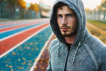 Wall Mural - stylish athletic man in hooded sweater near colorful running track fashion photo