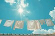sundried laundry clothes hanging on rooftop clothesline blue sky background lifestyle photography