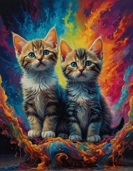 Naklejka na meble Adorable tabby kittens cute cats painting with vibrant rainbow multi-colored background kitties have a worried look on their face