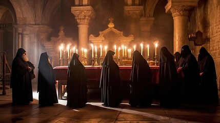 Franciscan Monks in Solemn Prayer Around The Crucifixion Altar Lit by Candles
