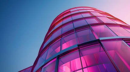 Circular glass tower with reflective magenta panels, highlighted by bright sunlight and clear, vibrant sky