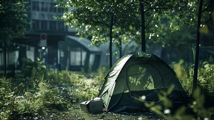 a tent is pitched up in the woods near a building and trees