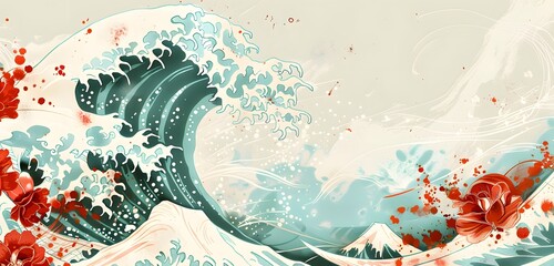 Wall Mural - Teal tumultuous sea waves, integrated with bold red flowers and splashes of white