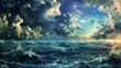 Artistic representation of the deep sea merged with the sky and clouds, capturing the essence of the ocean