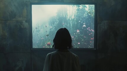 Wall Mural - a woman looking out a window at a field of flowers