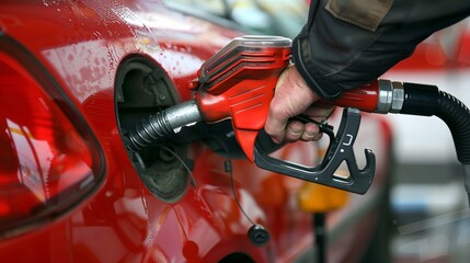 Wall Mural - a person holding a fuel pump in their hand and pumping it into a car at a gas station