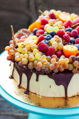 Wall Mural - Delicious cheesecake with melted chocolate, apples, strawberries, blueberries, peaches, raspberries, blueberries, figs and grape on the top