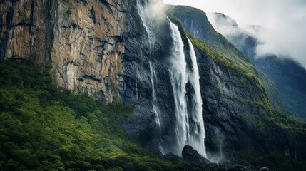 Poster - Powerful waterfall cascading down lush green cliffs