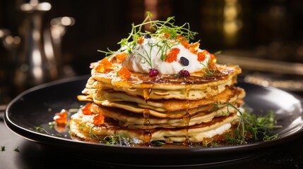 Wall Mural - Delicious stack of pancakes with whipped cream and garnishes