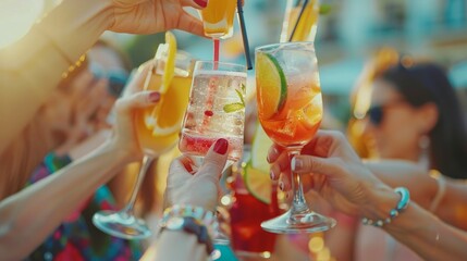 Group of people celebrating toasting with cocktails - cropped detail with focus on hands - lifestyle concept of people, drinks and alcohol