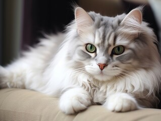 Sticker - Closeup of a fluffy white cat with green eyes