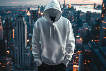 Wall Mural - A modern mockup featuring a blank hoodie and urban cityscape backdrop, perfect for presenting apparel designs for streetwear brands