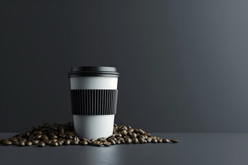 Wall Mural - A sleek mockup showcasing a blank coffee cup and coffee beans, suitable for presenting packaging designs for coffee shops and roasteries