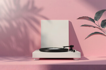 Wall Mural - A trendy mockup displaying a blank vinyl record cover on a turntable, perfect for presenting album artwork for musicians and music labels