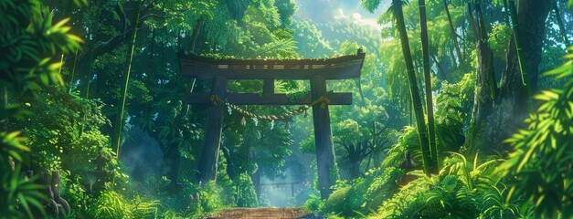 Poster - A vibrant green jungle path leading to a traditional Japanese torii gate in brilliant sunlight.