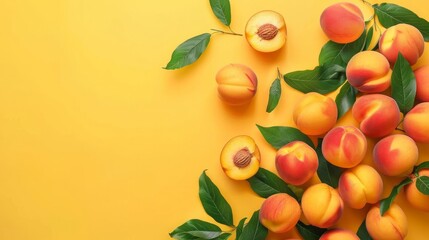 Wall Mural - Flat lay composition with ripe peaches on color background 