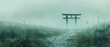 © Cassova - Dreamy landscape with a torii gate on a foggy mysterious path lined with tall grasses.