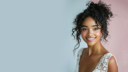 Afro bride in gown bridal dress smiling isolated on pastel background