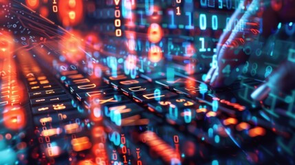 Poster - hands typing on computer keyboard, with abstract code, online cyber attack, hack, threats and breaches Network concept, cyber technology