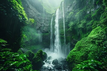 Wall Mural - breathtaking waterfall in a lush tropical rainforest nature landscape photography