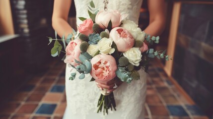 A bride in a white dress holding a pastel-colored bouquet with a mix of flowers.