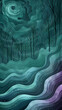 A serene and mystical fusion of deep teal and soft violet waves, ascending with a calm and enchanting elegance, like a gentle night falling over a quiet forest.