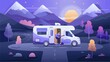© AwesomeHeap - An illustration of a male nomadic musician playing guitar by his camper van in a tranquil mountain landscape at dusk.