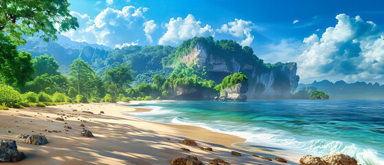 Wall Mural - Idyllic Thai Beach with Rocky Cliffs and Turquoise Waters, Krabis Railay Bay in Summer