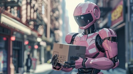 A pink robot carries a parcel box. of the intersection of technology and progress Leading to a future where automation makes our daily lives easier and expands our capabilities.