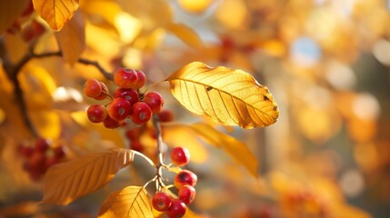 Wall Mural - Vibrant autumn berries and golden leaves basking in the warm afternoon sunlight.