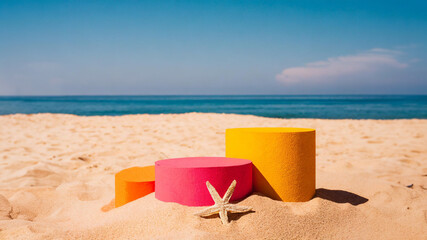 Pink and orange 3 podiums against beach background with space for products