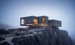 modern house on a rocky cliff side with fog surrounding it