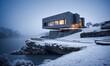modern house on a snowy cliff by the water.
