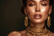 glamorous bronzed woman with golden jewelry stunning studio portrait exudes elegance and luxury fashion photography