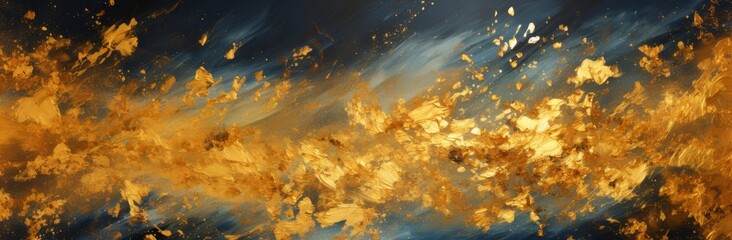 Poster - This abstract image captures the dynamic movement of golden particles resembling a cosmic explosion, against a deep blue space-like background. Ideal for artistic and sci-fi themed projects