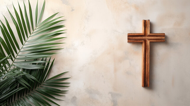 Wooden Cross with Palm Leaves on Marble Background, Symbol of Christian Faith