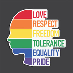 LGBT Pride Month. Head of human and rainbow flags with text love, freedom, equality, tolerance and respect. Lesbian Gay Transgender. Element for social posts, banner, and poster. Vector Illustration.