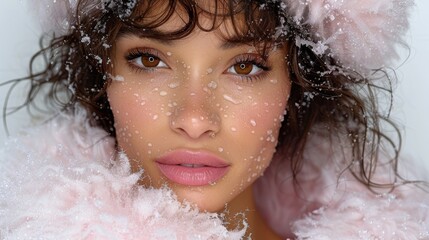 Wall Mural - Stunning close-up portrait of a young woman with snowflakes on her hair and face, embodying winter beauty