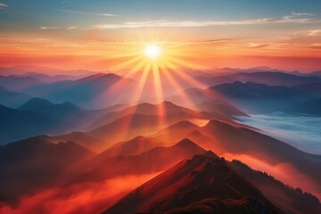 Wall Mural - majestic sunrise over misty mountain peaks breathtaking landscape photography
