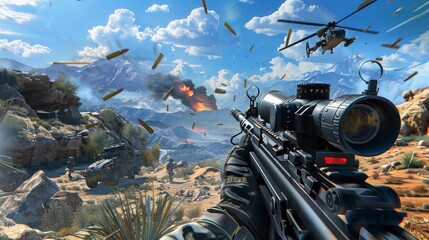 Wall Mural - 3D shooting game in high resolution and quality. game concept, console, weapons, bullets, first person