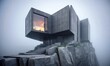 modern house on a rocky cliff in fog.